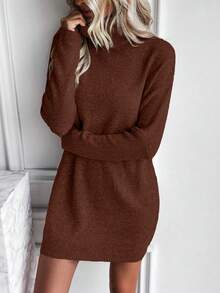 EMERY ROSE Vestido de suéter de punto suelto de manga larga de murciélago con cuello alto de unicolor para mujer, otoño/invierno - Óxido marrón - Ver 6
