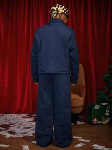 PAVTROS 男士绗缝长袖图案夹克和宽松阔腿绗缝裤套装