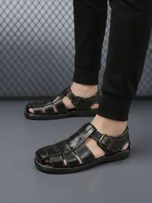 Sandalia artesanal para hombre – cuero genuino con hebilla, punta redonda y estilo retro casual - Negro - Ver 3