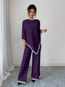 Elenzga Women's Casual Loose Poncho Design Top And Loose Contrast Color Pants Knit Two Pieces Set - Purple - View 3