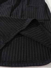 Elladie kids 少女黑色极简拼接罗纹长袖圆领上衣搭配舒适时尚A字裙，秋冬套装 - 黑色 - 查看 8