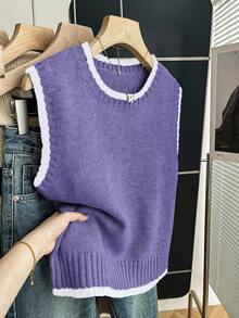 Franclia Casual Loose Crew Neck Sleeveless Knit Contrast Trim Khaki Sweater Top For Women, Spring/Autumn