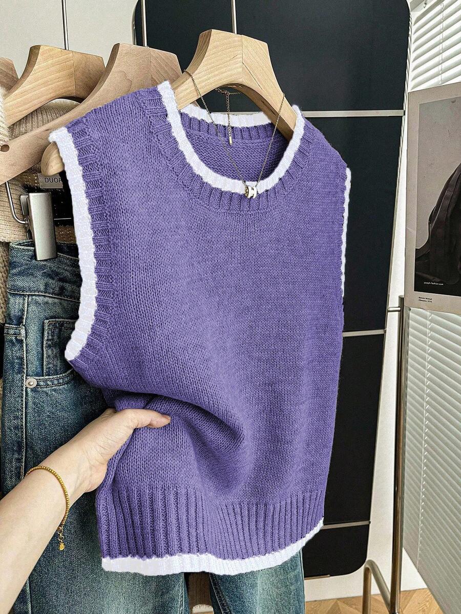 Franclia Casual Loose Crew Neck Sleeveless Knit Contrast Trim Khaki Sweater Top For Women, Spring/Autumn