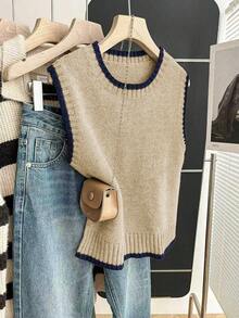 Franclia Casual Loose Crew Neck Sleeveless Knit Contrast Trim Khaki Sweater Top For Women, Spring/Autumn - Apricot - View 3