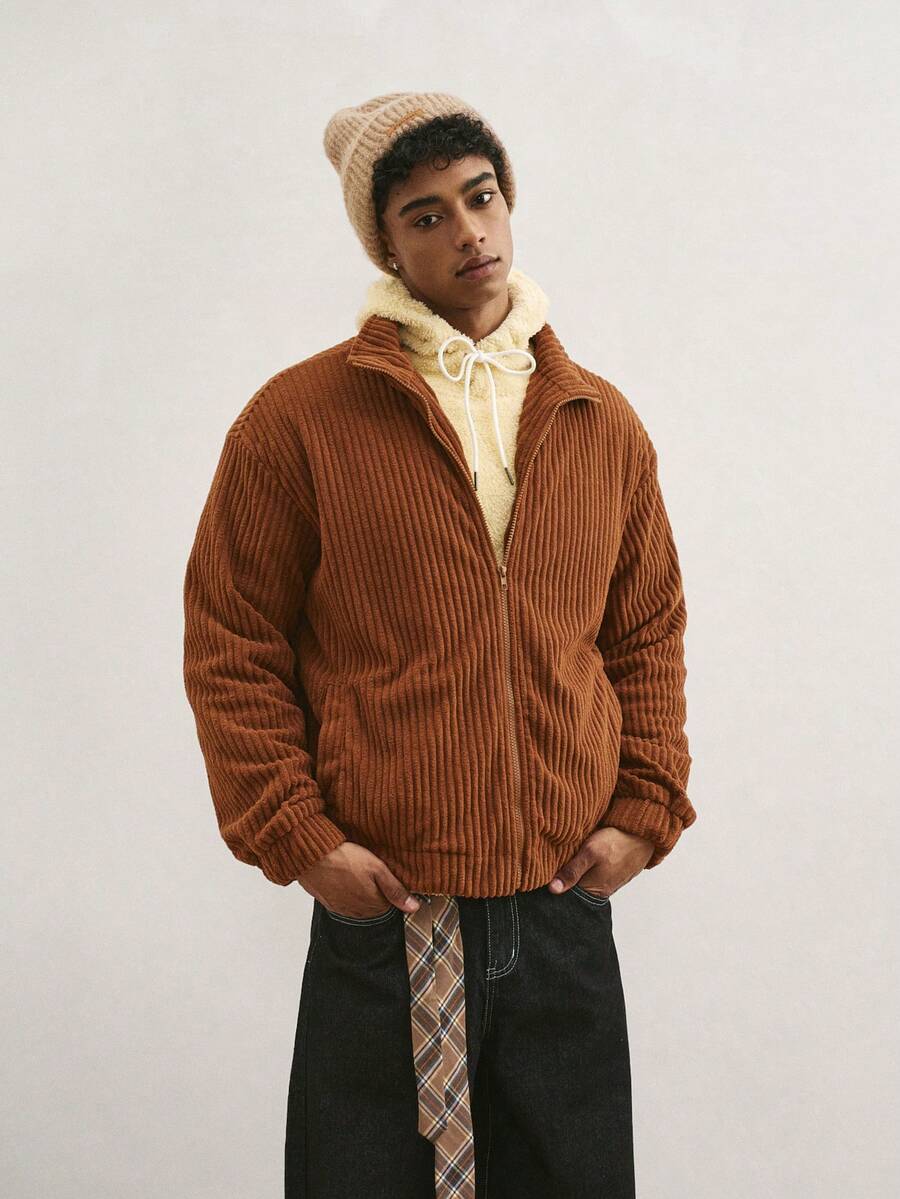 TOKVUE Áo khoác nhung kẻ dài tay có khóa kéo tiện dụng đa năng cho nam - màu nâu - Xem 1