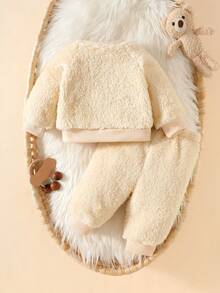 SHEIN 2pcs Baby Outfit Set, Cute Bear Design, Fleece Fabric, Autumn/Winter - Apricot - View 3