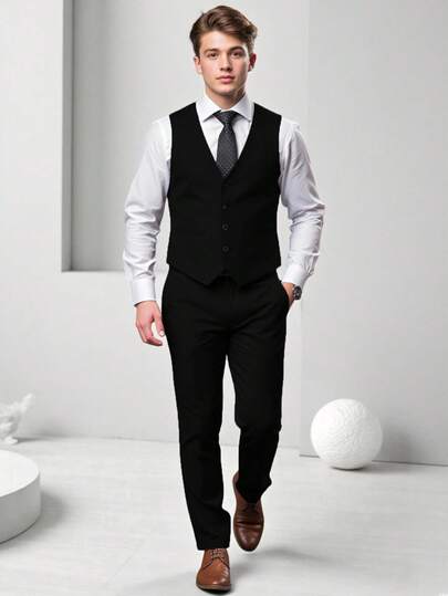 SHEIN 2pcs/Set Teen Boy Gentleman Outfit - Slim Fit Gray Vest + Elegant Trousers, Formal Attire For Birthday Party, Wedding, Graduation, Occasions