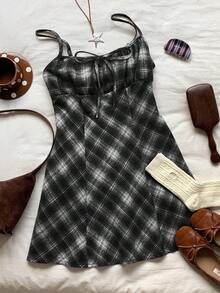 Comfortcana 女士秋冬休闲格子吊带迷你连衣裙方领连衣裙，黑白格子连衣裙，秋季田园风连衣裙，秋季服装 - 黑與白 - 查看 3