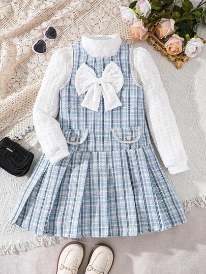 Elladie kids 少女可爱白色蝴蝶结装饰蓝色褶皱连衣裙，搭配白色简约休闲长袖套装，秋冬季