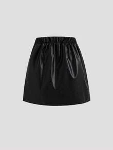 年轻女孩黑色 PU 皮革 A 字裙，光滑 PU 皮革面料，褶皱设计，修身剪裁，适合日常、学校、休闲场合、秋冬 - 黑色 - 查看 2