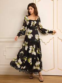 Lilora Women's Elegant Black Floral Chiffon Square Neck Long Sleeve Embroidered Lace Decoration Swing A-Line Dress,Autumn Garden Party Formal Retro Chic - Multicolor - View 6