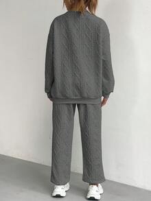 少女简约提花针织圆领长袖上衣和裤子运动服套装，深灰色 - 深灰色 - 查看 2
