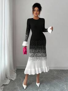 Elenzga Robe pull mi-longue en tricot pour femme, nouvelle collection automne/hiver, col rond, motif ombré, ourlet et poignets à volants, élégante, à la mode, décontractée, ajustée - Noir - Voir 3