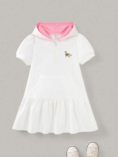 Joliand Joliand 1件装少女优雅都市校园可爱小狗装饰撞色连帽连衣裙，适合聚会、郊游、返校、派对、夏秋季少女连衣裙连帽衫连衣裙女童卫衣连衣裙休闲连衣裙，返校缤纷快乐