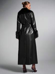 SHEIN BAE Women's Fashion Street PU Leather Patchwork Faux Fur Collar Extra Long Coat, Autumn/Winter - Black - View 2