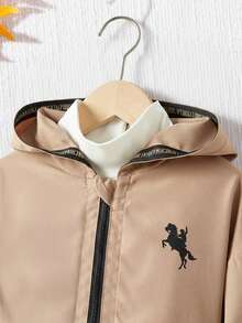 SHEIN 少女休閒連帽口袋中長版風衣冬外套，適合通勤與戶外穿著，春秋款奢華風衣外套 - 卡其色 - 查看 4