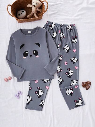 Genkimix Kids 2 st/set flickor pandamönster casual bekväm långärmad topp och byxor loungewear set