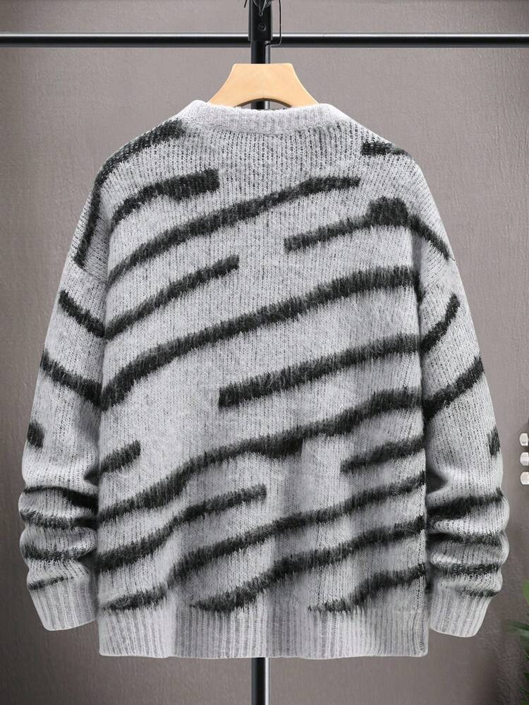 Men Allover Pattern Drop Shoulder Fuzzy Graphic Color Block Urban Casual Long Sleeve Chunky Sweater, For Friends, Fall/Winter