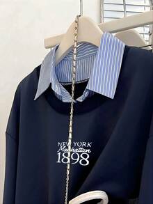 SHEIN 大码条纹拼接休闲落肩宽松长袖运动衫 - 藏蓝色 - 查看 3