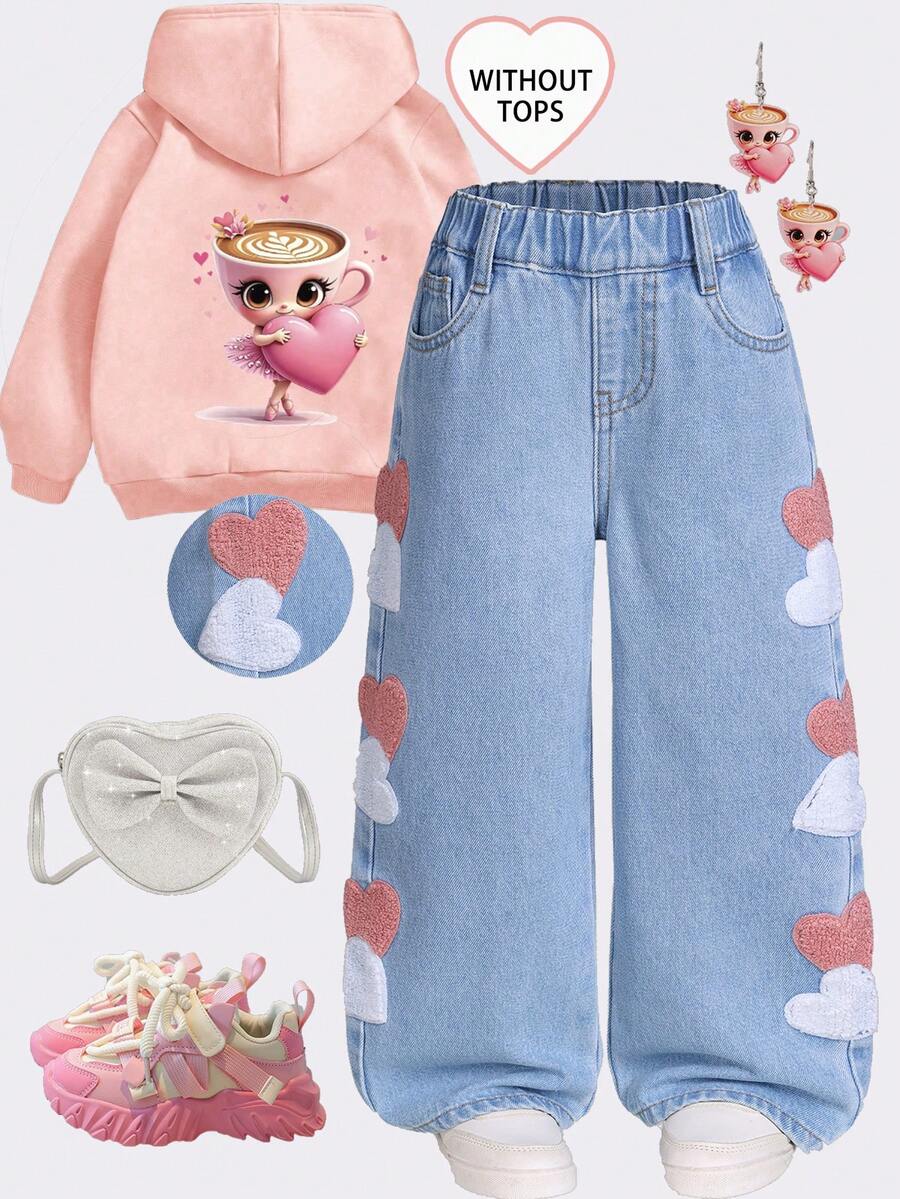 2025 Herbst/Winter Neue Jeans für Kleine Mädchen, modische Herz-Stickerei Lässig Straight Leg Loose Fit Thermofutter Jeans, bequeme Vintage gewaschene Blau Jeans mit mittlerer Taille, geeignet für Straße, Lässig, Retro, Streetwear, Loose, Straight Leg, Fitted, Alltag, Schule, Pendeln, Party, Zuhause, Halloween - Mittele Waschung - Übersicht 1