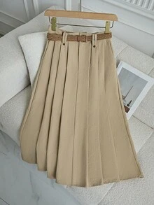 SHEIN Franclia 女式百搭修身宽松高腰弹力褶皱侧袋A字裙 - 卡其色 - 查看 4