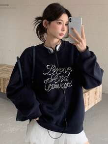 DAZY 女式休闲宽松口号珍珠装饰圆领长袖运动衫，秋冬 - 藏蓝色 - 查看 1