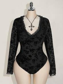 SHEIN ICON Plus Size Women V-Neck Flocked Mesh Long Sleeve Bodysuit - Black - View 1