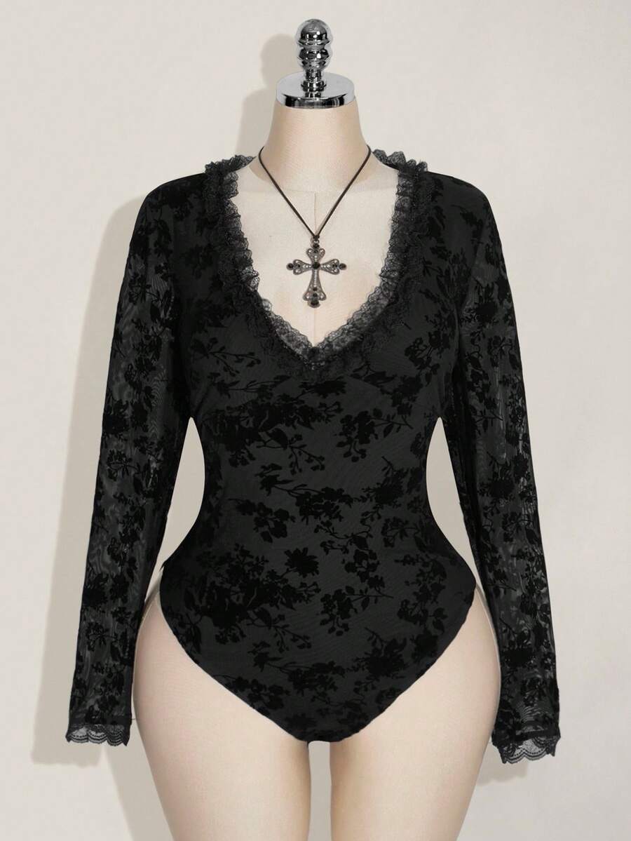 SHEIN ICON Plus Size Women V-Neck Flocked Mesh Long Sleeve Bodysuit - Black - View 1