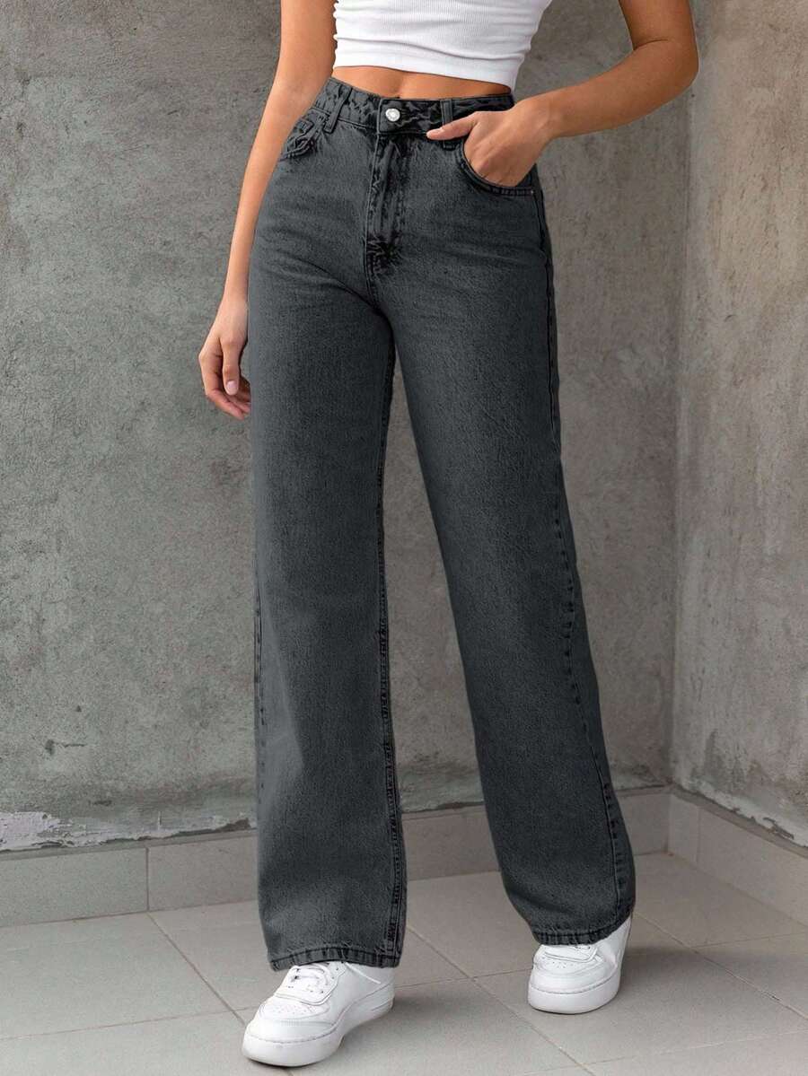 EURMUSE 100%Cotton Bleach Wash Straight Leg Jeans - Dark Grey - View 1