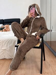 SHEIN 女士可爱兔耳毛绒蓬松睡衣连体裤女士冬季睡衣舒适套装女 - 摩卡棕 - 查看 3