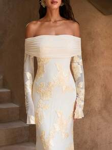 Opulessa 女士度假针织纹理面料露肩鱼尾下摆修身连衣裙 - 杏色 - 查看 6