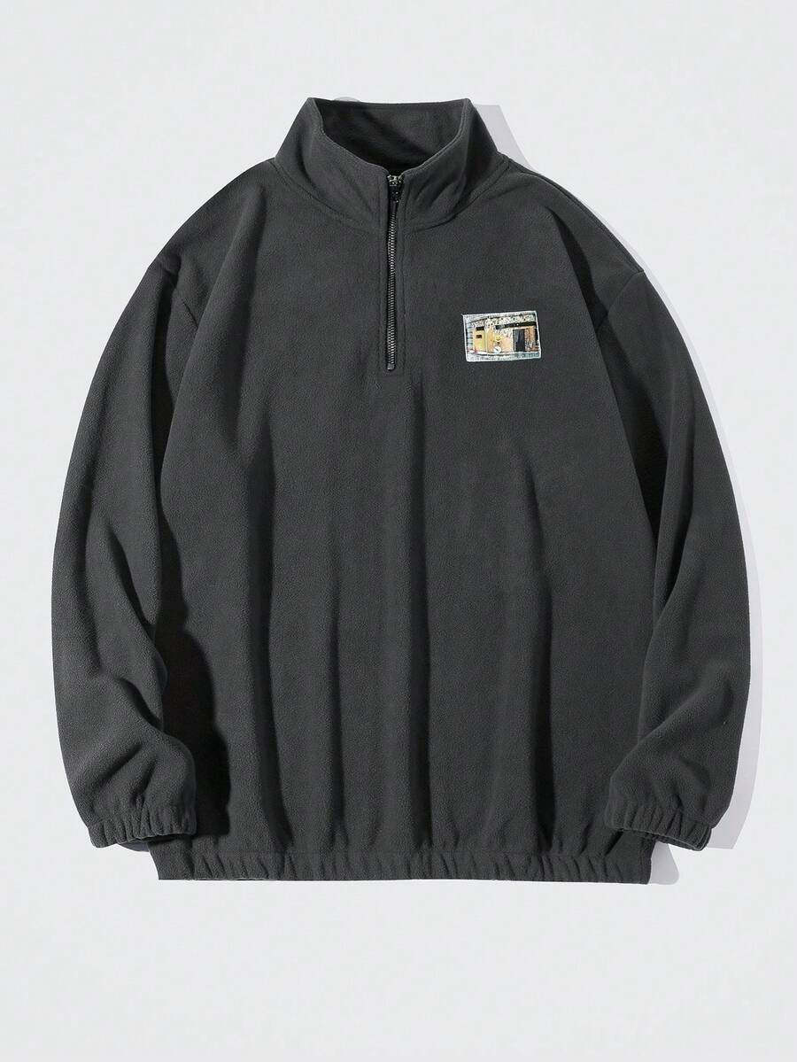 Chillumni 宽松男士半拉链拼接法兰绒套头衫，抓绒面料，拉链款，男士四分之一拉链/半拉链卫衣，长袖上衣 - 灰色 - 查看 1