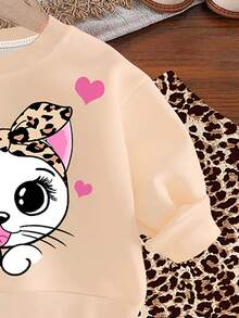 Emery Rose Kids Emery Rose Kids Bộ 2 quần áo nỉ dài tay cổ tròn in hình mèo hoạt hình dễ thương và da báo cho bé gái, phù hợp cho mùa thu/đông - Nhiều màu - Xem 5