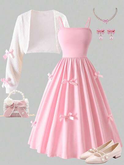 Sparklyn Teen Girl Pink Bowknot Camisole Dress + White Butterfly Knit Long Sleeve Shawl Cardigan, Chic & Fashionable, Suitable For Party, Daily Wear, Gathering