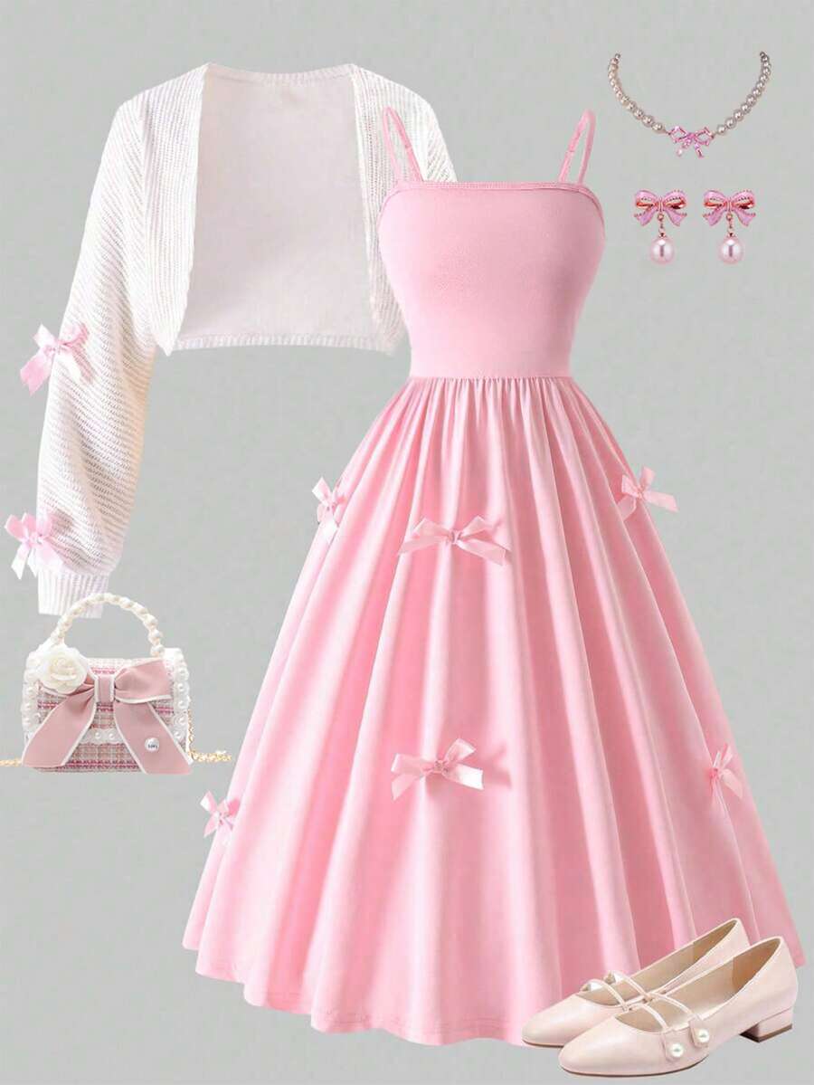 Sparklyn Teen Girl Pink Bowknot Camisole Dress + White Butterfly Knit Long Sleeve Shawl Cardigan, Chic & Fashionable, Suitable For Party, Daily Wear, Gathering - Pink - View 1