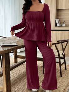 Weeklong Atasan Wanita Ukuran Besar Bahan Plush dengan Kerah Longgar, Set 2 Potong Kasual Hangat, Musim Gugur/Dingin - Burgundy - View 5