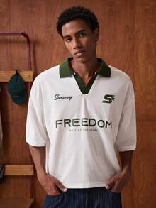 SWAVVY Camisa polo casual holgada con estampado de letras y contraste de color en los hombros caídos para hombres