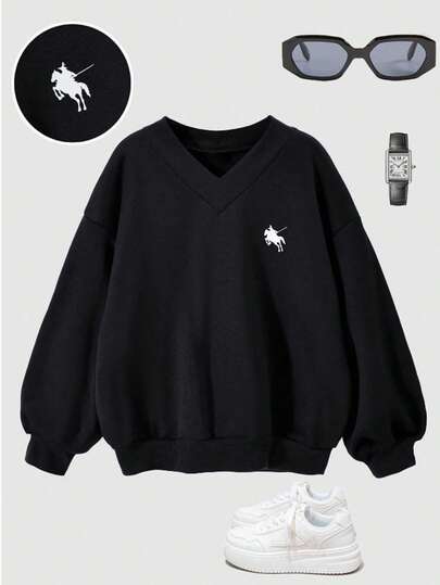 Sparklyn 女童休闲纯色针织羊毛 V 领落肩罗纹下摆套头衫，舒适秋冬穿着