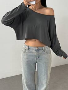 Lunelith SHEIN Lunessa Women's Solid Color Asymmetrical Collar Long Sleeve Cropped Casual T-Shirt, For Autumn Fall Cloth For Women