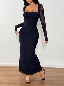 SHEIN PETITE Women's New Summer Party Date Evening Sexy S-Shaped Lace Long-Sleeved Breast Cup Fishbone Square Neck Tight Bodycon Black Maxi Dress,Wedding Guest Dress Women,Dresses For Women Elegant,New Year Dress ,Elegant Party Dresses - Navy Blue - View 5