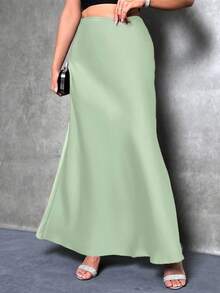 SHEIN Tall Women's Green Satin Mermaid Maxi Skirt With Zipper For Party Elegance - Green - View 5