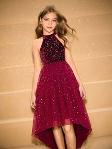 Girls' Round Neck Sleeveless Sequin Contrast Mesh Elegant Short Front Long Back Party Dress, Suitable For Christmas, Halloween - Red - View 3