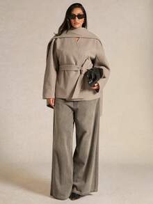 SHEIN BAE Poncho manteau casual couleur unie grande taille pour femmes, automne/hiver - Kaki - Voir 7