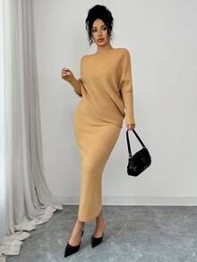 SHEIN Elenzya 2 件套优雅蝙蝠袖套头衫和裙子套装，通勤装，秋冬 - 黃色 - 查看 6