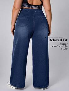 SHEIN CURVE+ Comfortable Plus Size Dark Wash Denim Jeans Straight Leg Long Pants Soft Tummy Control Four Way Stretch