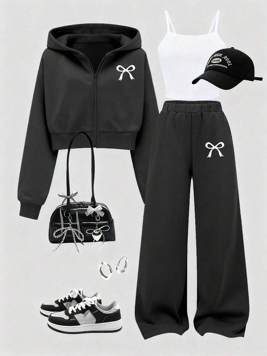 3 件套女童休闲时尚简约吊带背心、蝴蝶印花短款拉链连帽衫和阔腿裤套装，适合日常穿着 - 彩色 - 查看 1