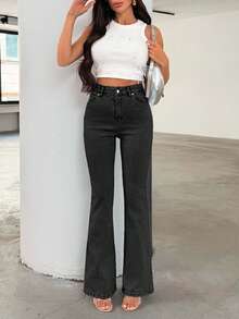 EURMUSE Quần jean bó cạp cao cho nữ thường ngày co giãn màu xanh nhạt - Màu xám đen - Xem 6