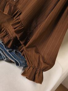 CosyJoli Plus Size Women Casual Solid Color Frill Trim Button Down Shirt Brown