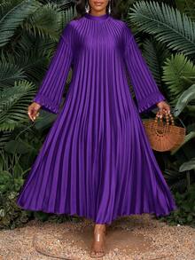 SHEIN Lady New Plus Size Women's Purple Solid Color Stand Collar Drop Shoulder Long Sleeve Loose Pleated Casual Dress Women Church Dress Pleated Maxi Dress Pleated Dress Maxi Long Sleeve Dress Purple Maxi Dress Christmas Dress Winter Dress Women  Four Season Dress Stylish Clothing Collection - Purple - View 1