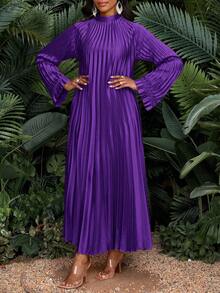 SHEIN Lady New Plus Size Women's Purple Solid Color Stand Collar Drop Shoulder Long Sleeve Loose Pleated Casual Dress Women Church Dress Pleated Maxi Dress Pleated Dress Maxi Long Sleeve Dress Purple Maxi Dress Christmas Dress Winter Dress Women  Four Season Dress Stylish Clothing Collection - Purple - View 4